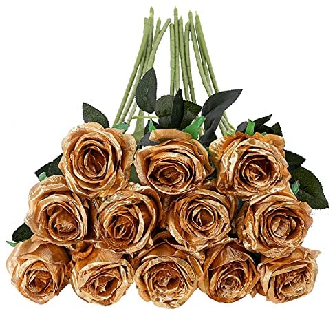 Tifuly 12 PCS Künstliche Rosen, 19,68 '' Single Long Stem Fake Rose Seide Braut Hochzeitsstrauß Realistische Blume für Hausgarten Party Hotel Büro Dekor (Blossom Roses, Gold)