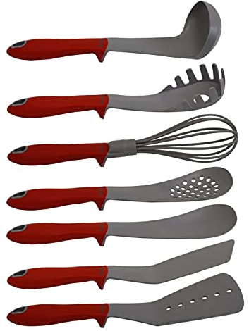 Pintinox Up Set 7 Utensili da Cucina in Silicone, Resistenti al Calore, Manico Antiscivolo e Autoportante, Ideale per Superfici Antiaderenti, Colore grigio con manico rosso