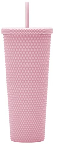 24oz Fully Studded Tumbler.Matte Light Pink Studded Tumbler with Lid and Straw.Reusable Double Walled Insulated Travel Tumbler.Plastic Acrylic Pastel Colored Tumbler Cup for Iced Coffee Smoothie.