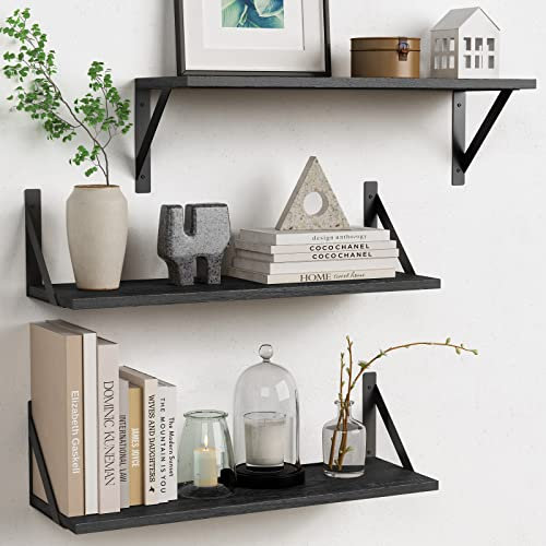 Schwarze schwebende Regale, 61 cm lang, 3er-Set, 61x20 cm, verbinden Sie 2 oder 3 Holzregale als 122 oder 183 cm breit für Schlafzimmer, Küchenschrank