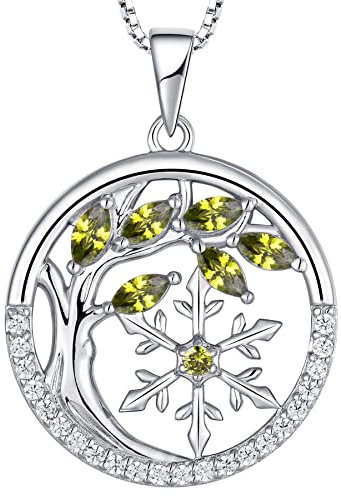 YL Lebensbaum und der Schneeflocke Halskette 925 Sterling Silber August Geburtsstein Peridot Zirkonia Anhänger für Damen