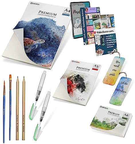 CreaTek Aquarellpapier Set im Format DIN A4 + A5 + A6 [ Premium Qualität für brillante Aquarelle ] Naturweiße & Kaltgepresste Aquarellblöcke zum Vorteilspreis | Aquarell Papier, Aquarell Malblock