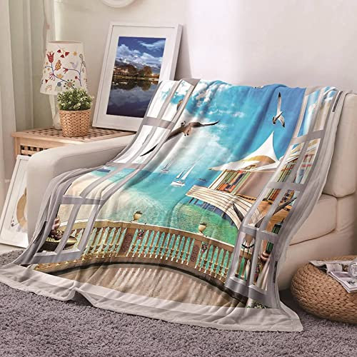Kuscheldecke Warm Winter, Wohndecke Cremeweiß Flanell Blau-Beige Haus Am Meer Möwe Flanelldecke Blanket 160x200CM Weich Sofa Bett Geschenk