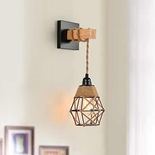 minifair Rattan-Wandleuchte, Wandlampe mit 1,6 m Kabel, Vintage-Lampenschirm mit Hanfseil, E27-Halterungs-Kit für Schlafzimmer, Küche, Balkon, Gang