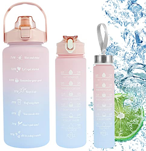 Awmark Lot de 3 grandes bouteilles d'eau de 2 litres avec paille et marquage du temps - Anti-fuite - Avec poignée portable - Sans BPA - Pour salle de sport, extérieur, école