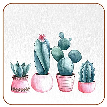 Lot de 6 dessous de verre en cuir avec motif cactus dans un pot rose