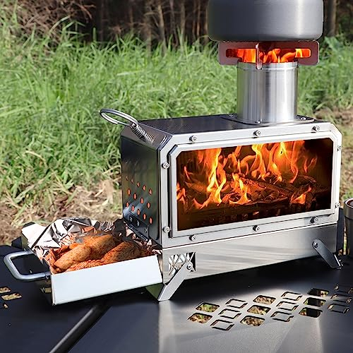 GoHawk Tragbarer Holzofen, Mini-Heizstrahler mit feuerfestem Glasfenster, 304 Edelstahl, Kochofen, Grill, Heizschale für Camping, Zelt, Angeln, Wandern, Picknick, Grillen