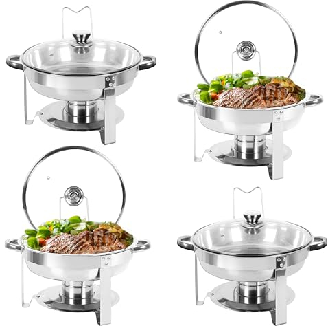 IMACONE Set di 4 scaldavivande da buffet, rotondi in acciaio inox da 5 qt, per catering, scaldavivande e scaldavivande con coperchio in vetro e supporto, telaio, supporto per carburante per eventi,