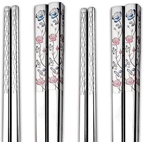 FoOhy Metal Chopsticks, Reusable Dishwasher Safe, 316 Stainless Steel, Square Painted Laser Engraved, Non-slip, 9.8 Inches, Floral Pattern, 2 Pairs Gift Set (D)