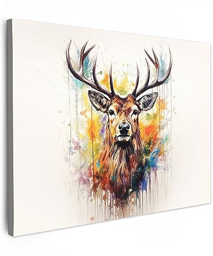 MuchoWow© Leinwände 80x60 cm Bild Tier Wall Decoration Bilder Schlafzimmer Deko Pictures Canvas Painting Wanddekoration Wohnzimmer Hirsch - Reh - Geweihe - Kunst - Farbe - Tier - Farbenfroh