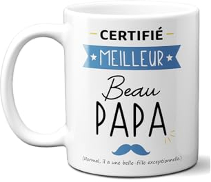 DECOHO - Mug Certifié Meilleur Beau Papa - Mug céramique blanc - Design humoristique moustache - 33 cl, imprimé en France - Blanc