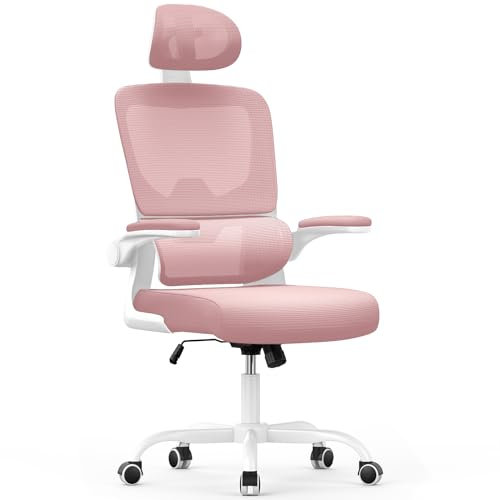 Chaise de Bureau Ergonomique: Fauteuil Bureau avec Support Lombaire en C,Dossier et Appui-tête Réglables,Reversible Armrest,Siege en Maille Respirante Convient à la Maison Bureau ,Lecture,Rose