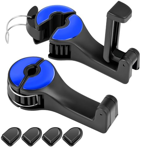 2 Stück Kopfstützenhalterung Auto Haken,2 in 1 Autositzhaken mit Handyhalterung 360° Versteckter Haken Drehbar Einstellbar Multifunktionaler Auto Haken Auto Kopfstütze Handyhalter-Blau