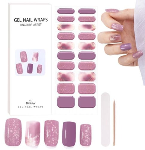 TBeautfave Semi Cured Gel Nails Strips, 20PCS Burple Glitter Self Adhesive Gel Nail Stickers Soft Full Nail Wraps Waterproof, UV/LED Lamp Required