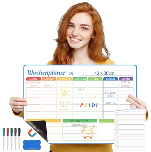 A3 Wochenplaner Abwischbar Kühlschrank, Wochenplaner Magnetisch mit Tagesplan, Familienplaner Abwischbar für Haushaltsplaner, Essensplaner, Einkaufsliste, mit 5 Markern, Schwamm Magnetisch