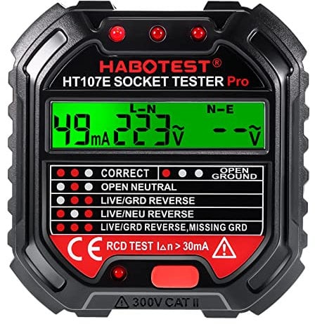 Socket Tester Digital Circuit Breaker Detector with LCD Display Finder Voltage Detector Mains Outlet Tester Electricians Tools and Testers 90-250v, HT107E for Home Office