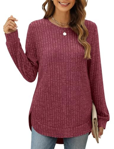XIEERDUO Pullover Damen Strickpullover Sweatshirt Langarmshirt Herbst Winter Tunika Tshirt Elegant Oberteile Top Rosa S
