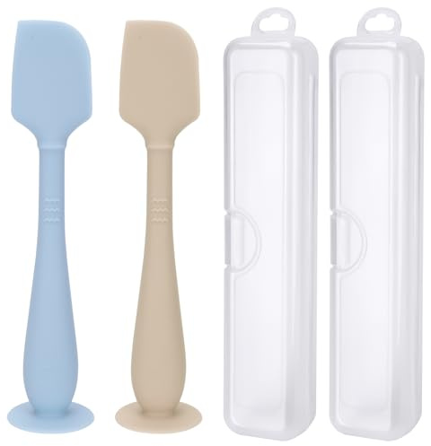 2 Pack Diaper Cream Spatula with Hygienic Travel Case, Butt Spatula Baby with Suction Base, Baby Butt Paste Spatula, Soft Silicone Diaper Rash Cream Applicator Large Size (Blue & Offwhite)