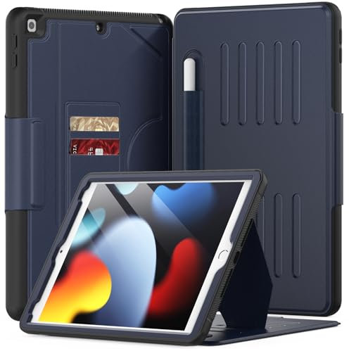 KAIJIAbox for iPad 9th/8th/7th Generation Case 10.2 inch 2021/2020/2019, PU Leather Strong Magnetic Cover with Multi-Angle Magnetic Stand, Pencil Holder, Card Slots, Auto Sleep/Wake, Dark Blue