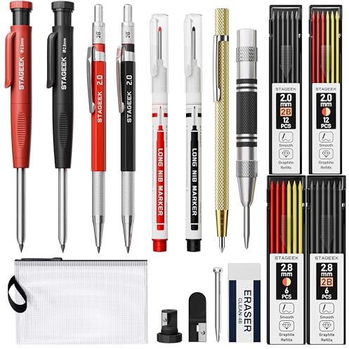 STAGEEK 17er-Set Mechanischer Zimmermannsbleistifte,Automatischem Körner, Hartmetall-Anreißwerkzeug, Radiergummi und Tiefloch-Markierungsstift, Robuster Konstruktionsbleistift für Architekten