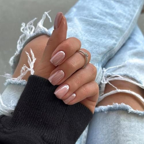 KQueenest Chrome Nude Press on Nails Short Square Glazed Glitter False Nails Short, Luxury Design Acrylic Fake Nails Set with Bling Mirror Effect Stick on Nail for Women Finger Decoration 24 Pcs