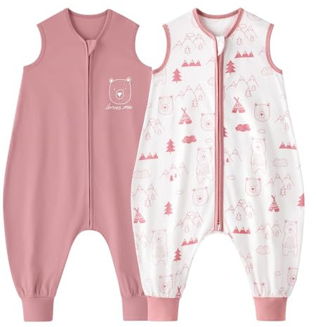 Looxii 2er Pack Baby Sommerschlafsack mit füßen 0.5 Tog Schlafsack Baby 100% Baumwolle Baby Schlafsack für Kinder 3-4 Jahre Jungen Mädchen 90 cm Rosa Bär