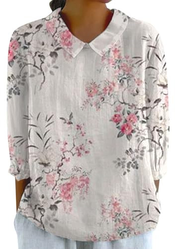 Women's Linen Tops UK Crop Elegant Spring Tshirts My Orders Womens Essentials Top Summer Casual Tee Tshirt Ladies 2024 Floral Print Daily Tees Tunic Blouses (01-C-Pink, S)