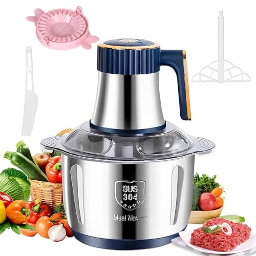 Hachoir électrique Avec Bol En Acier Inoxydable 5L et 6 Lames en Acier Inoxydable,Hachoir à Viande Polyvalent 500W,5 Vitesses,Robot Mixeur Petit Pour Hacher Viande,Oignon,Oeufs,Jus D'orange,Pâte (A)