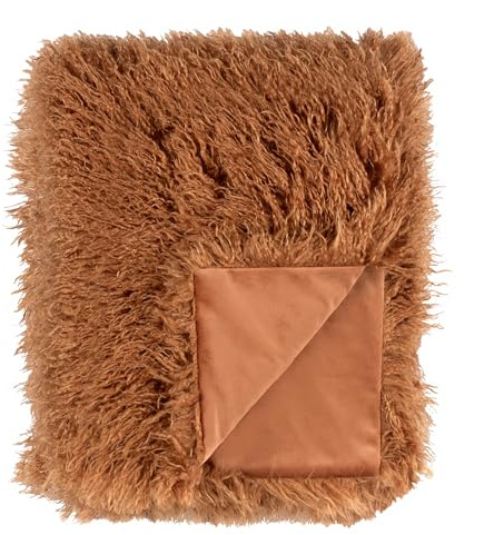 furn. Rowan Throw – Soft Faux Fur Mongolian Style Decorative Blanket with Velvet Reverse (Ginger - 130x175cm)