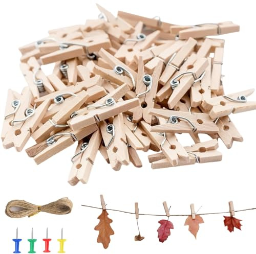 JHEELITE Mini Pinces à Linge Bois Naturel 35mm, 100 Pièces Décoratives | En bois léger écologique, ces petites attaches conviennent aux amateurs DIY pour photos, mariage, cartes et décoration maison