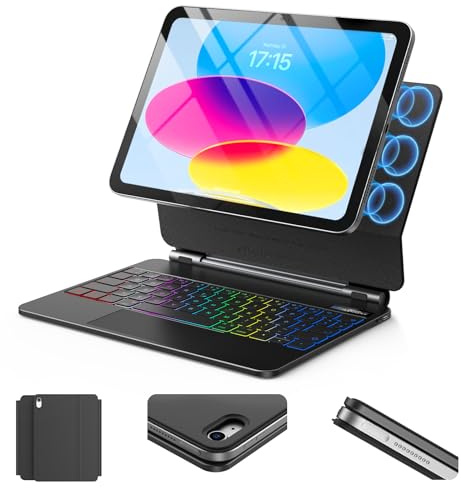 SZO Magnetic Keyboard Case for iPad 10th Gen & iPad A16 with Trackpad | US QWERTY layout, detachable backlit keyboard, floating cantilever design, 130° adjustable viewing angle, 500mAh battery.