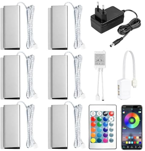 6er Set 5050SMD RGB LED Glaskantenbeleuchtung, Vitrinenbeleuchtung Glasbodenbeleuchtung Clip inkl. 12V Netzteil mit Steuerbar App Licht LED Glasboden Strip für Vitrine, Tisch