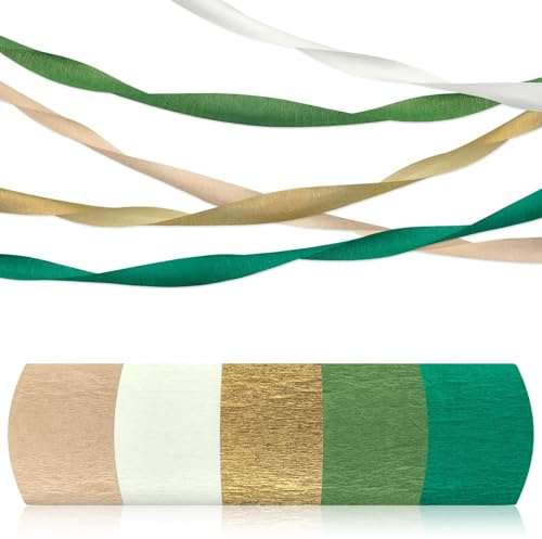 5Rolls Wedding Birthday Crepe Paper Streamers, Gold Olive Green Brown Green White Party Decorations, Colorful Streamers for Wedding Anniversary Engagement Birthday Bridal Shower Garden Party
