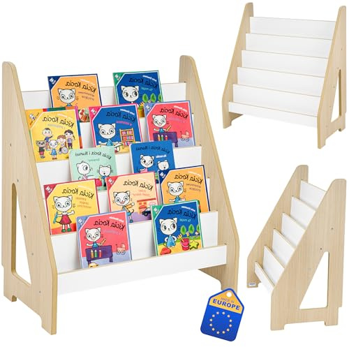 Obubu Montessori Bücherregal für Kinder, 5 Fächer, Kinderzimmer Regal für Bücher & Spielzeug, mit Sockelausschnitt, 80x70x38 cm, Eiche/Weiß