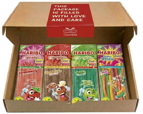 Jumbo Jumble Haribo Spaghetti & Stixx Vegan Mix Set 1 (4er Pack) | V-Label vegan & ohne Gelatine. Sauer & fruchtig in 4 Sorten: Apfel, Happy Cola, Erdbeere & Fruity Mixx.
