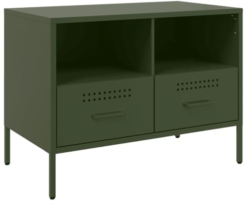 RCODSSK Industrial TV Stand Olive Green, Steel TV Console 68x39x50.5 cm with Ample Storage and Adjustable Screw Feet