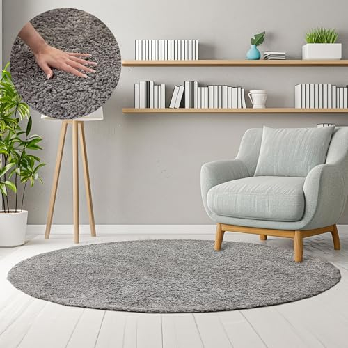 HomebyHome Teppich Rund Hochflor 120 cm Rund - Shaggy Runder Teppich Wohnzimmer Hellgrau Extra Weich und Flauschig - Waschbarer Langflor Teppiche für Schlafzimmer, Küche, Flur - Carpet, Halı, Kilim