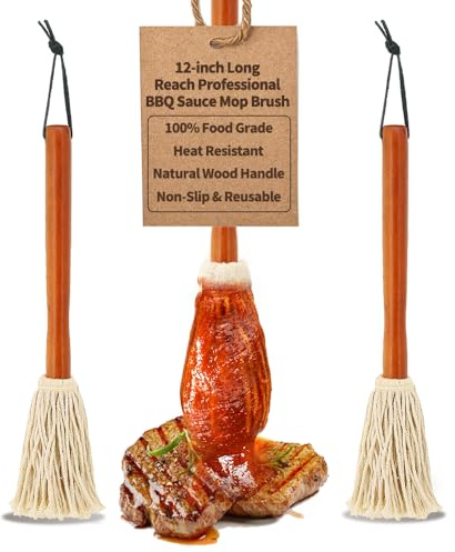 12 BBQ Sauce Basting Mops & Brushes for Roasting or Grilling, Apply Barbeque, Marinade or Glazing, Cotton Fiber Head and Hardwood Handle, Dish Mop Style, Perfect for Cooking or Cleaning - Pack of 3