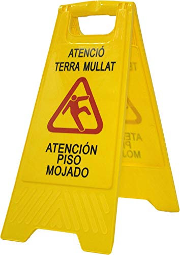 Señal Aviso profesional Atenció terra mullat - Atención suelo mojado. En Català y Español. Alta visibilidad para evitar accidentes