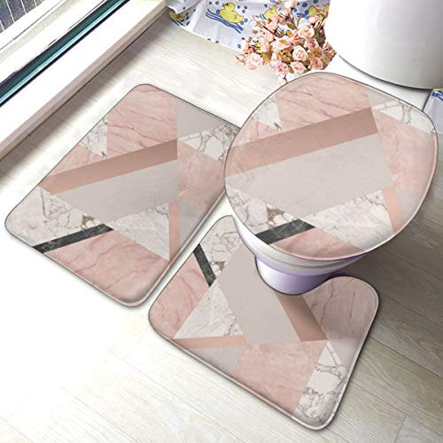 Uliykon GEOMETRIC MARBLE WALLPAPER BLUSH PINK ROSE GOLD Bathroom Mat Sets 3 Piece Set Rugs Memory Foam Mat Set Matches Anti-Skid Toilet Seat Cover Bath Mat Lid Cover