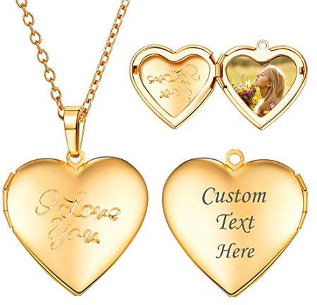U7 Collier Femme Porte Photo Personnalisé Plaqué Or Jaune Chaîne Pendentif Coeur Ouvrable avec Gravure I Love You - Bijoux Personnalisés