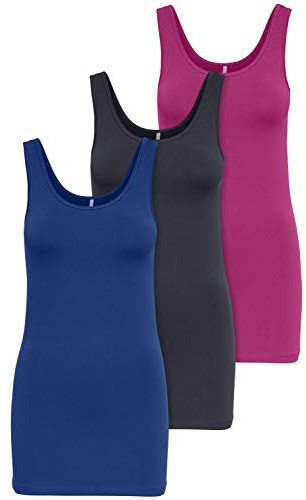 ONLY 3er Pack Damen Oberteile Basic Tank Tops weiß, schwarz, grau, blau, Creme Frauen Shirt lang Sommer Shirts Top 15201465 (M, Farbmix 4)