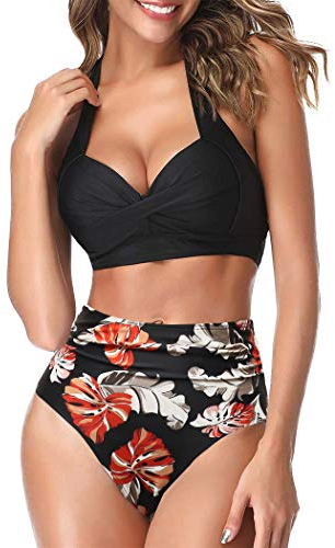 AOQUSSQOA Frauen Zweiteilige Tankini Badeanzüge High Waist Halfter Vintage Bikini Set Damen Bademode (Black Maple, XL)