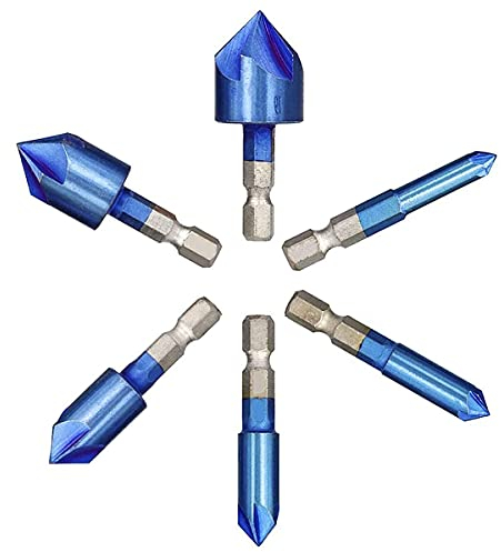 6 Stück 90° Kegelsenker Set, Satz Metall HSS Senker Bohrer für Metall Holz Titan-Beschichtungen Ø 6-19 mm Center Punch Tool mit Center Bohrer Punc