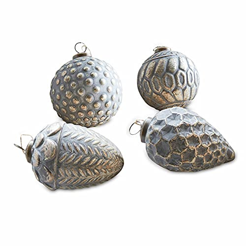 Loberon Anhänger 4er Set Dores, Vier Designs im Vintage-Look, Nostalgische Dekoration, Wohn-Accessoires, Glas, Jute, Messing, grau