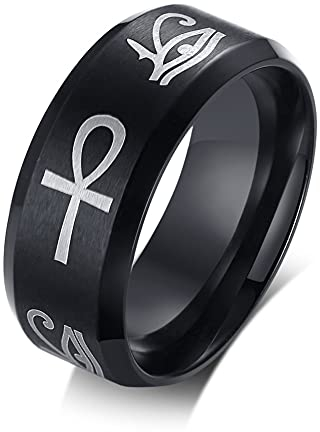 FLHEART Ägyptische Auge des Horus und Ankh Ring Band Edelstahl Hieroglyphe eingraviert Ankh Gott des ra Ring für Herren Schutz Schmuck für ihn,Black,Größe 64 (20.4)