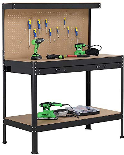 BAKAJI Banco da Lavoro Officina Porta Utensili Bancone Struttura in Metallo Piani in Legno MDF con Parete Ganci Portattrezzi Cassetto e Ripiani Colore Nero Dimensione Tavolo (120 x 140 cm)
