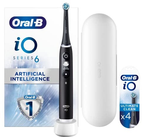 Oral-B iO6 Black Lava Ultimate Clean Electric Toothbrush + Oral-B iO Ultimate Clean Black Toothbrush Heads, Pack of 4 Counts