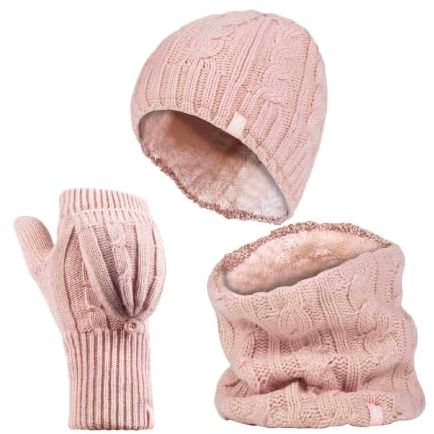 HEAT HOLDERS - Womens Thermal winter fleece cable knit Hat, Neck Warmer and Converter Gloves set