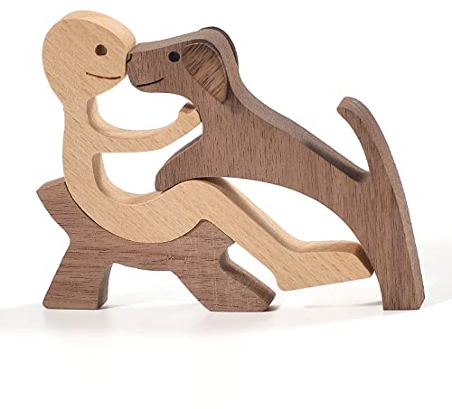 Pipihome Holzskulptur Ornamente, Familien-Welpe Holzschnitzerei, Hundefiguren, Dog and Man Statue, Kreative Hund Geschenke, Home Decor